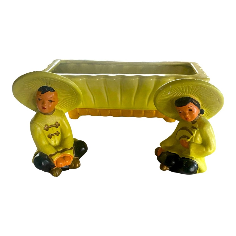 Vintage Yellow Ceramic Vase with Figurines